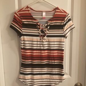 Striped lace front detail shirt